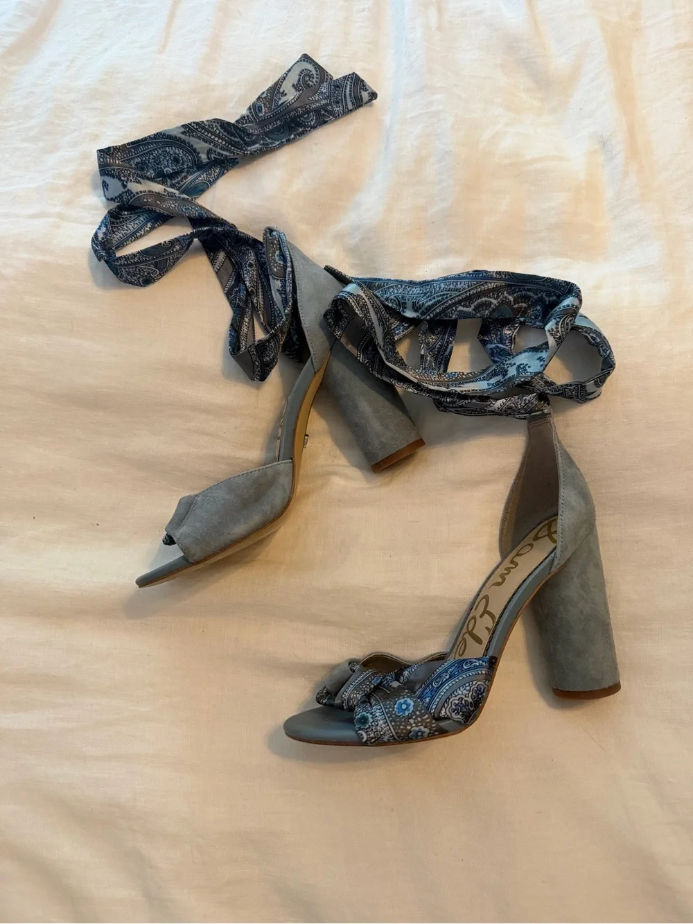 Sam Edelman Blue Paisley Ankle-Tie Block Heels